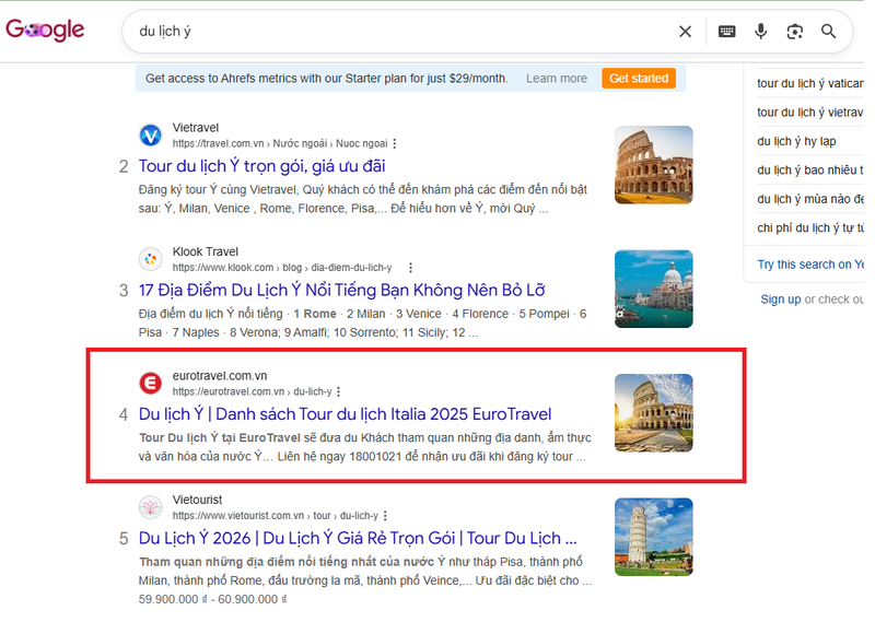 Kết quả Google cho từ khoá du lịch ý