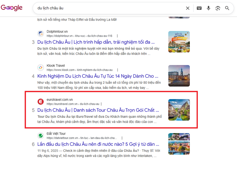 Kết quả Google cho từ khoá du lịch châu âu