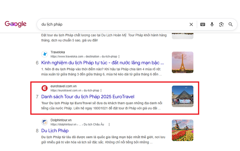 Kết quả Google cho từ khoá du lịch pháp
