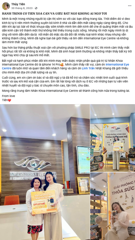 Bài đăng hành trình xoá cận của Thuỷ Tiên